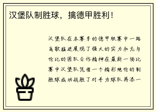 汉堡队制胜球，擒德甲胜利！