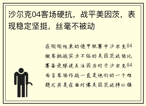 沙尔克04客场硬抗，战平美因茨，表现稳定坚挺，丝毫不被动